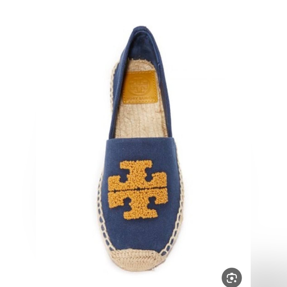TORY BURCH Women's Elisa Blue Golden Fry Canvas Embroidered Espadrilles SZ 11M - Picture 1 of 9